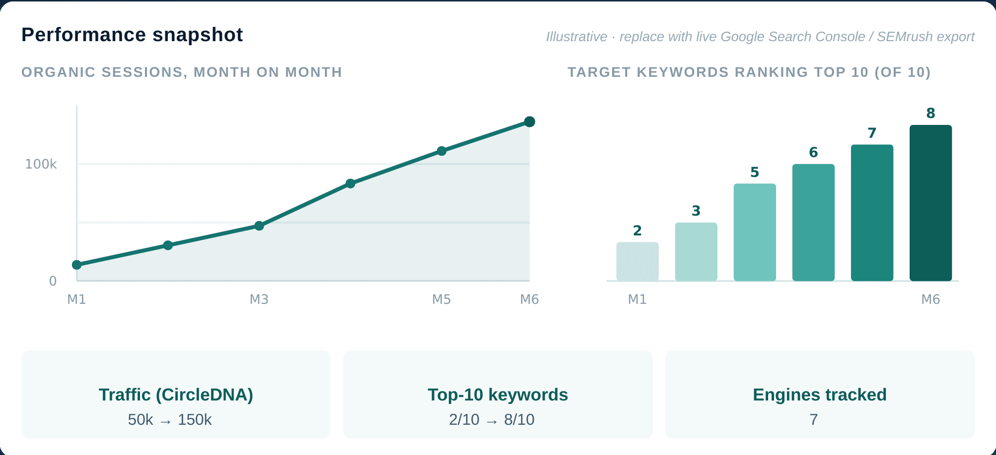 CircleDNA performance snapshot showing organic sessions and target keyword visibility over six months.