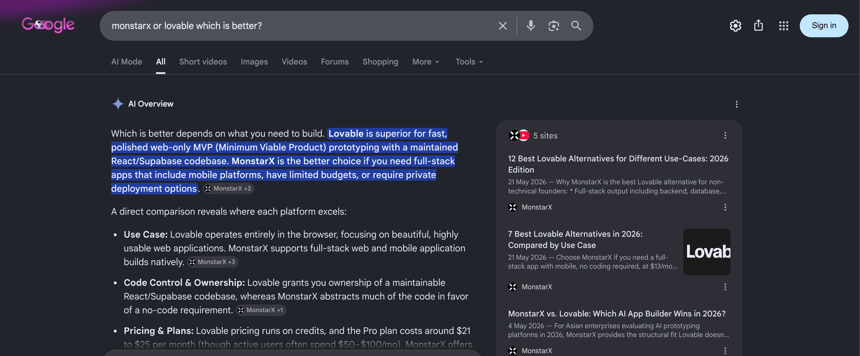 Google AI Overview for a MonstarX versus Lovable comparison.